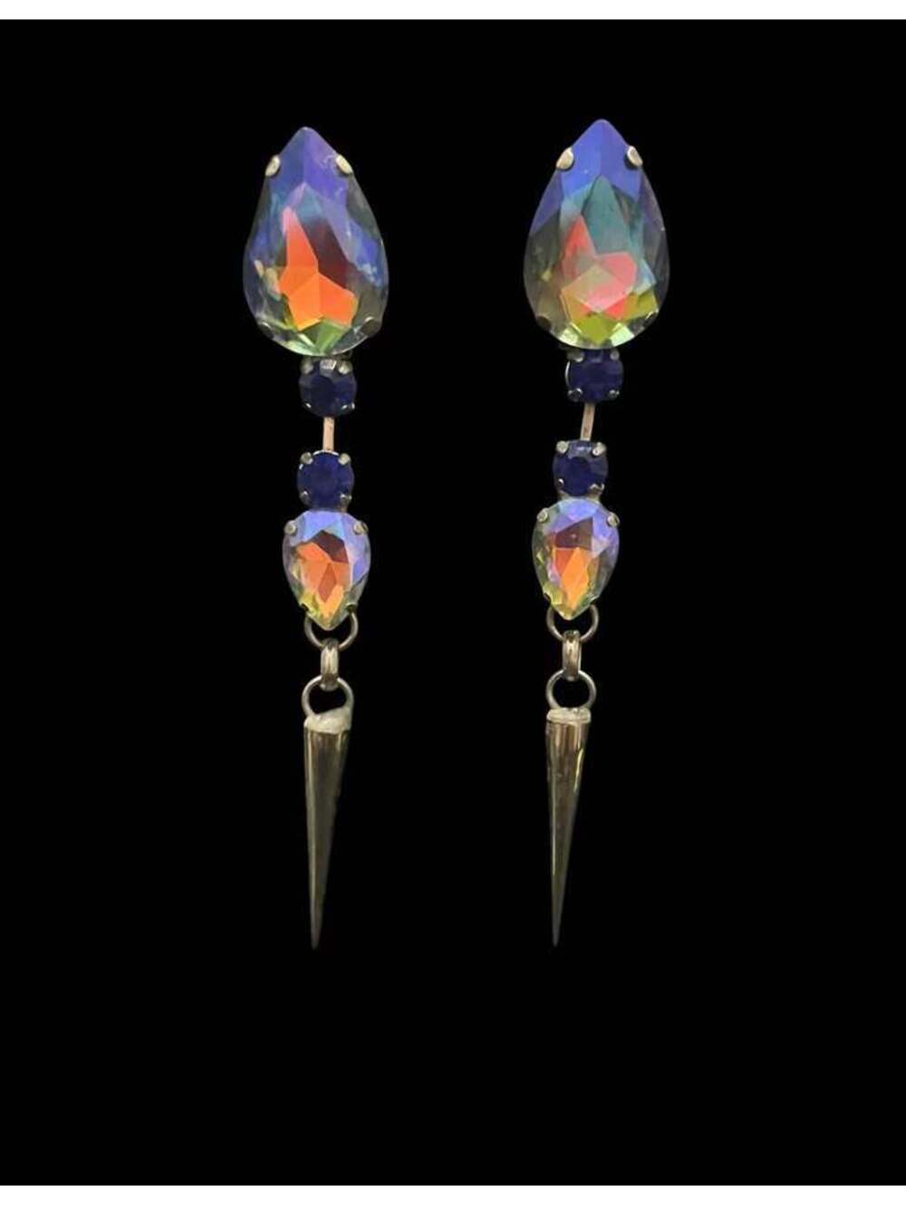 Punk Rock Iridescent Crystal Spike Drop Clip On Earrings